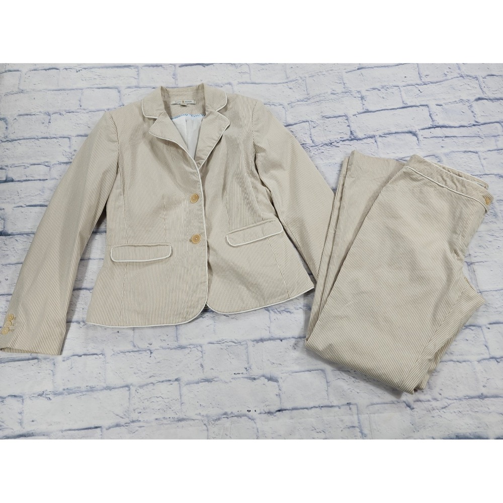 Tommy Hilfiger Pant Suit Women 8 Tan White Seersucker Stripe Preppy Coastal
